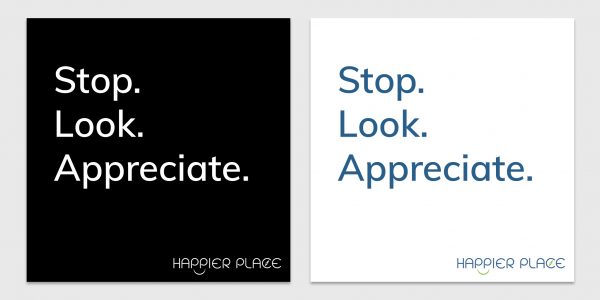 Gratitude Moment Sticker text on blue: Stop. Look. Appreciate. - Happier Place - H001-STC-ST