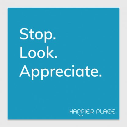 Gratitude Moment Sticker text on blue: Stop. Look. Appreciate. - Happier Place - H001-STC-ST-BUL