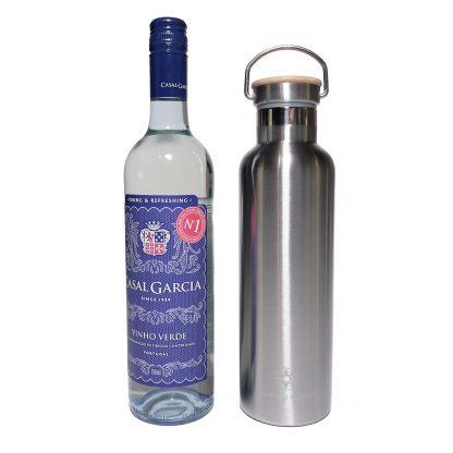 750 ml Happier Place double wall insulated stainless steel bottle size comparison - fits a whole wine bottle