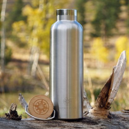 Happier Place double wall insulated stainless steel bottle with bamboo top where it belongs: out in nature - H005-BOT