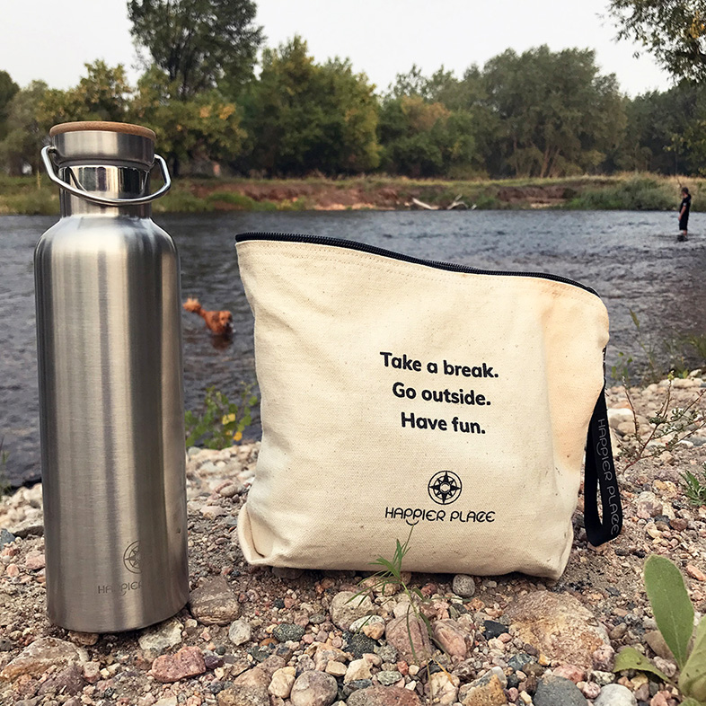 Happier Stainless Steel Bottle and Always-Ready Bag at the Poudre River - Happier Place