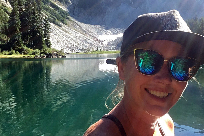Jess Grotfeldt at Glacier Lake on Mt. Rainier - Happier Place