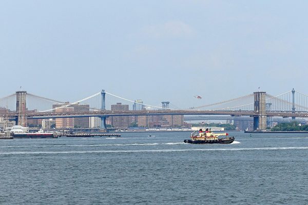 View from Staten Island Ferry of boats on East River, Brooklyn Bridge, Manhattan Bridge, Williamsburg Bridge, Manhattan, helicopter, NYC, HappierPlace