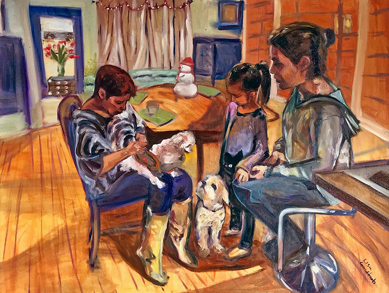 Painting by Lisa Goldfarb of two women, a girl and dogs indoors on New Years Eve 2017.