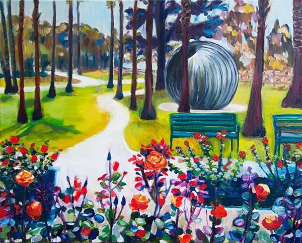 Palisades Park With Sculpture - Painting by Lisa Goldfarb