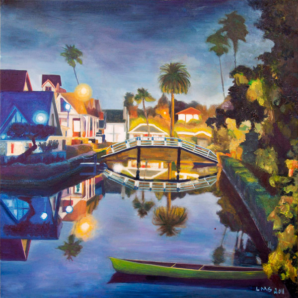 Venice Canal, California, at night - Painting by Lisa Goldfarb - Happier Place