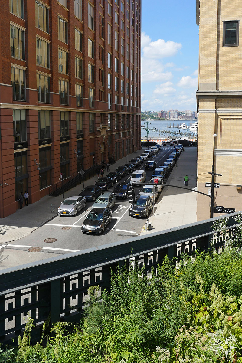 Looking west from the High Line: view of the Hudson River and cars stuck in traffic.