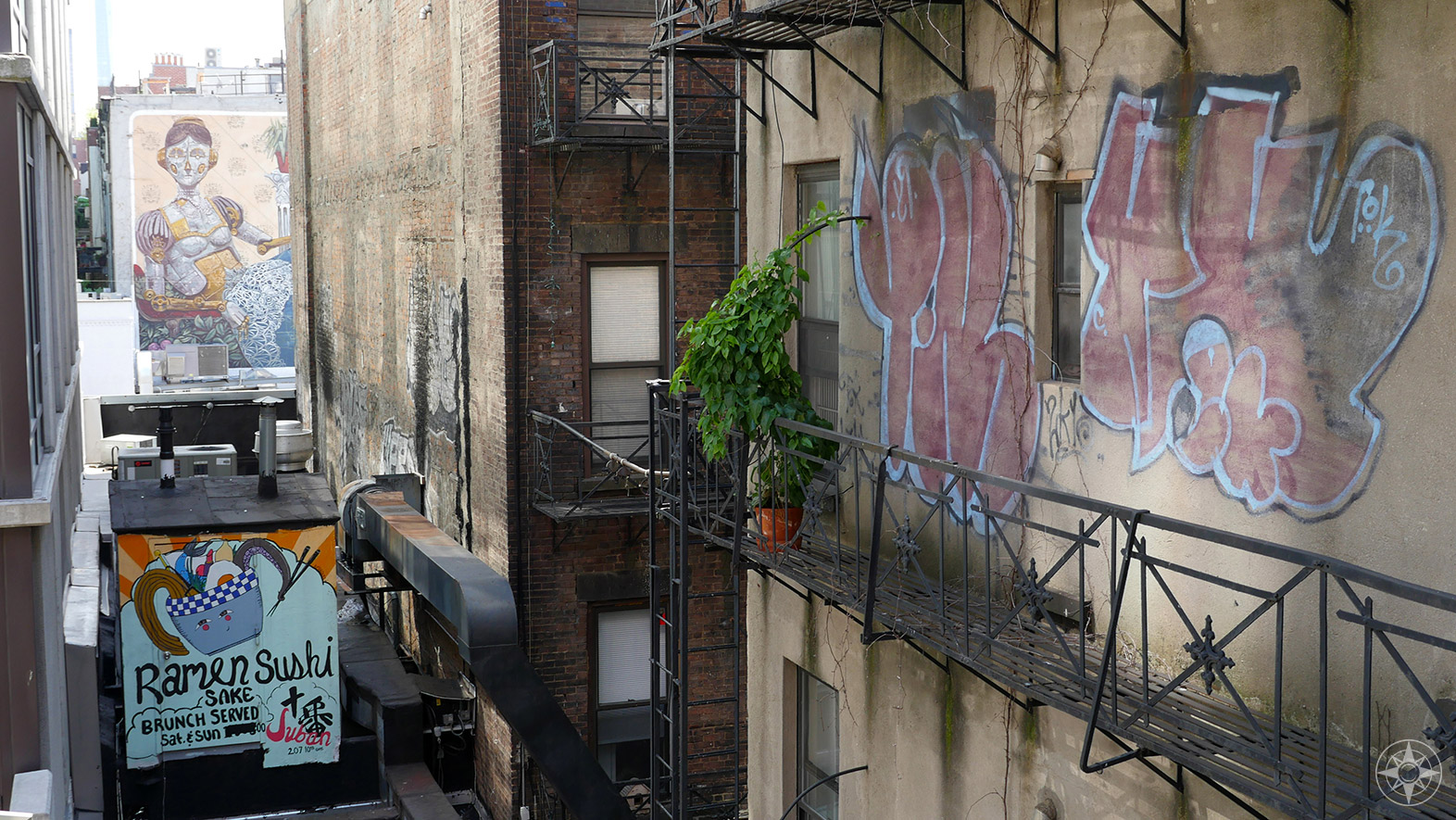 Seen from the High Line: Ramen, female robot, street art, fire escape, plant.