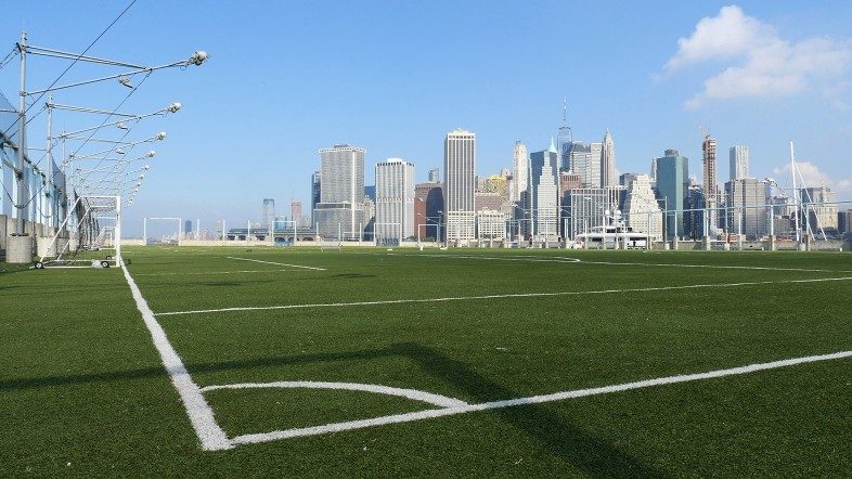 The soccer fields on Pier 5 in Brooklyn Bridge Park.