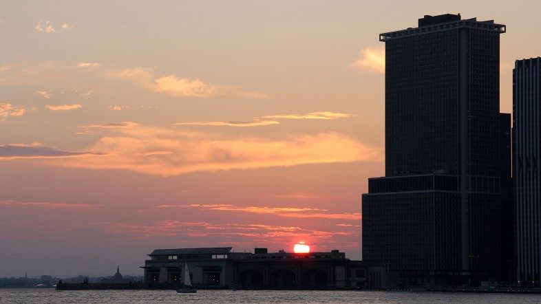 Sunset over Staten Island Ferry Terminal in Lower Manhattan.
