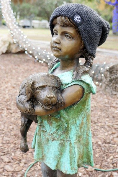 Happier Place Slouchy Beanie in charcoal worn by the I love my puppy sculpture in Largo Central Park