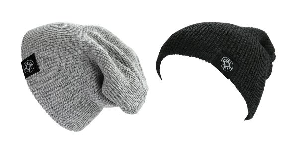 Happier Place Slouchy Beanies in light grey and, charcoal with Happier Place compass logo on fold-over cuff.