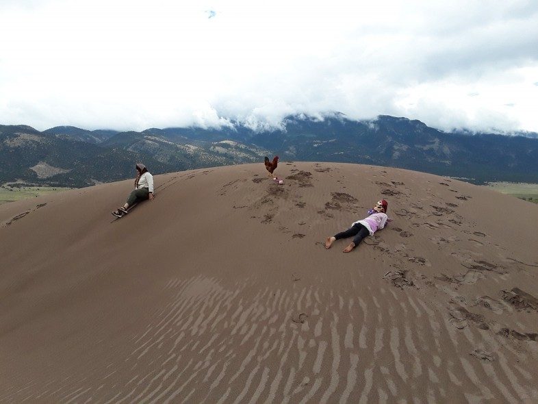 Two people and one rooster in Great Sand Dunes National Park, Colorado.