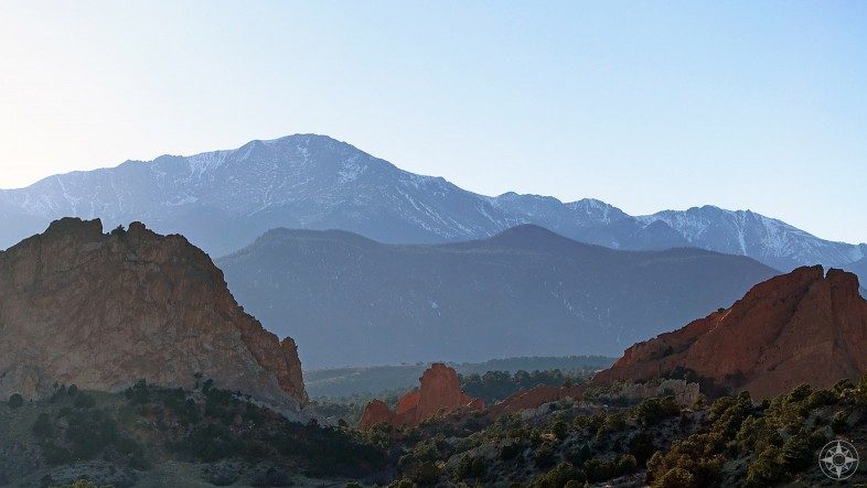 Garden of the Gods rock formations with Pikes Peak as a backdrop. 