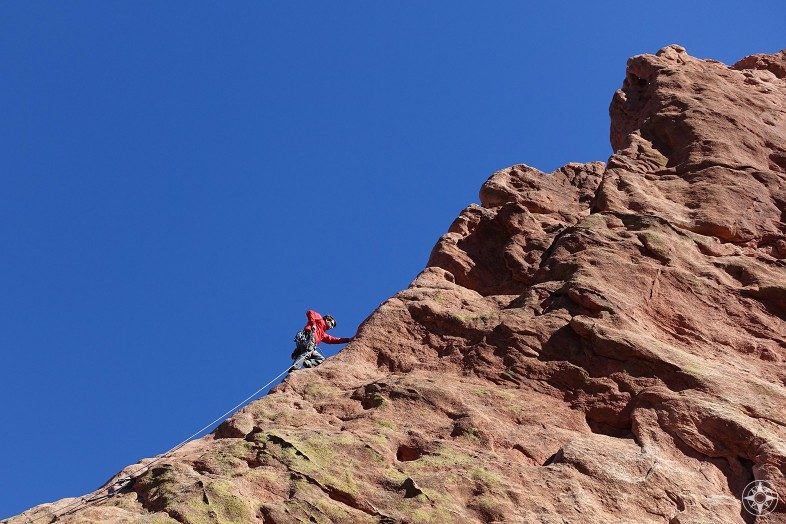 Climber on the North Ridge of Montezuma's Tower in Garden of the Gods, Colorado Springs.