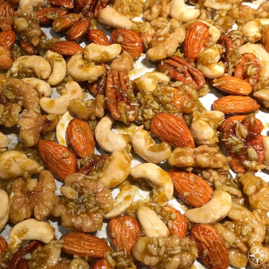 The Crack Nuts mix in all its curried honey gooeyness before all the roasting magic. 