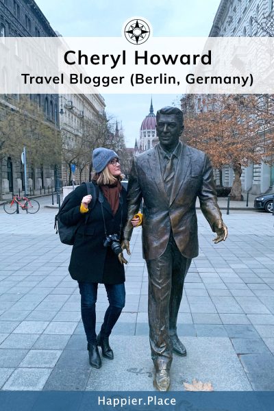 Expat Living and Travel Blogger Cheryl Howard and the Ronald Reagan statue in Budapest 