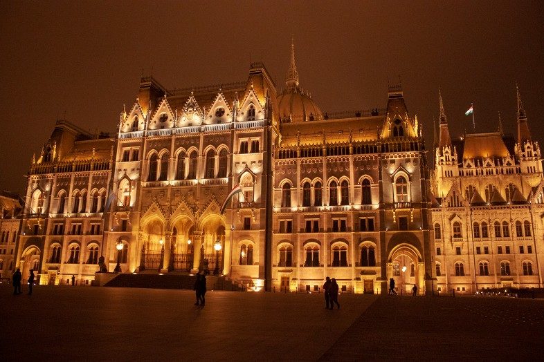 Parliament Building in Budapest, Hungary, at night.