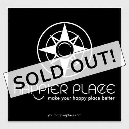 Happier Place logo sticker on black