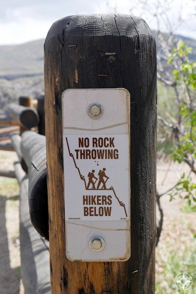 "No Rock Throwing - Hikers Below" sign on the South Rim of the Black Canyon