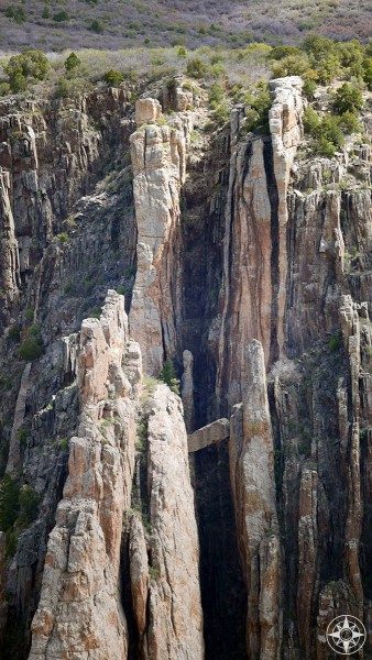 Falling rock held by crags in the Black Canyon