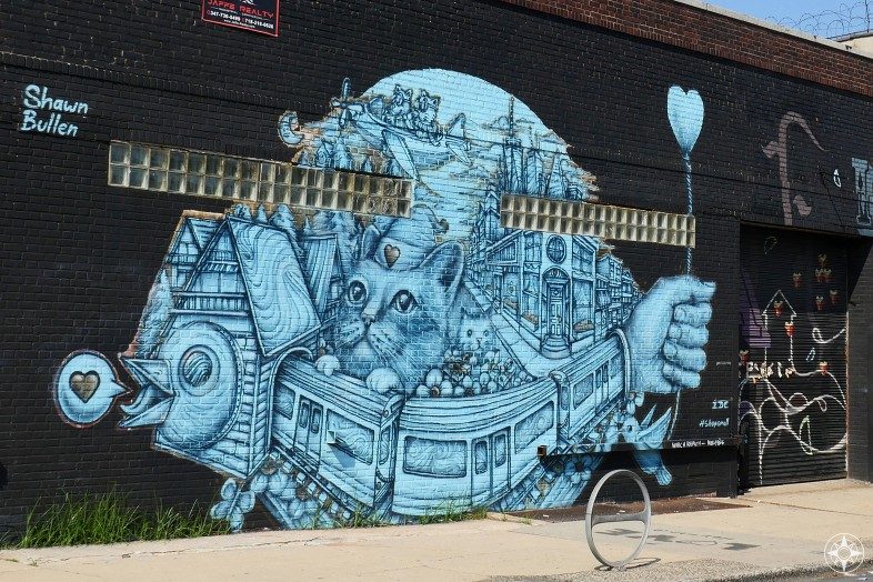 blue cat train bird cityscape mural Shawn Bullen Brooklyn 