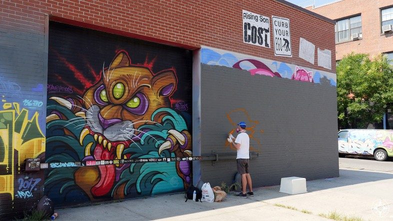 Graffiti artist spraying tiger mural cost poster Brooklyn