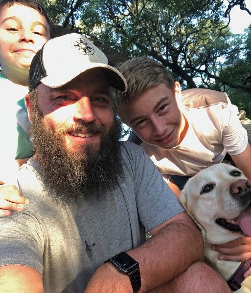 Father and sons and dog - Jake Gray and family with Happier Place Burlap Trucker Hat