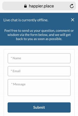 Offline message window for live chat on Happier Place website