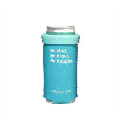 Folded over the Happier Place Be Kind Slim Can Cozy fits 9 oz skinny short cans - popular for canned wine, sparkling wine and coffee drinks in a can.