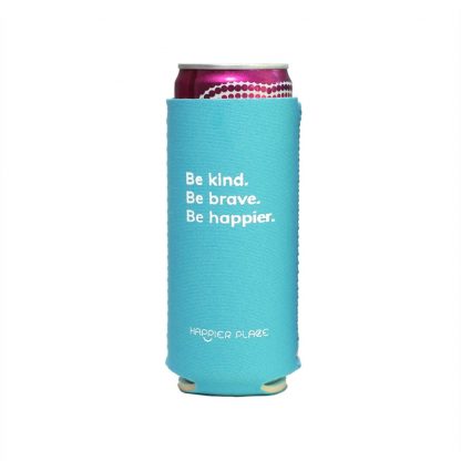 Happier Place Be Kind Slim Can Cooler holds a Henry's Hard Seltzer and keeps it nice and cool.