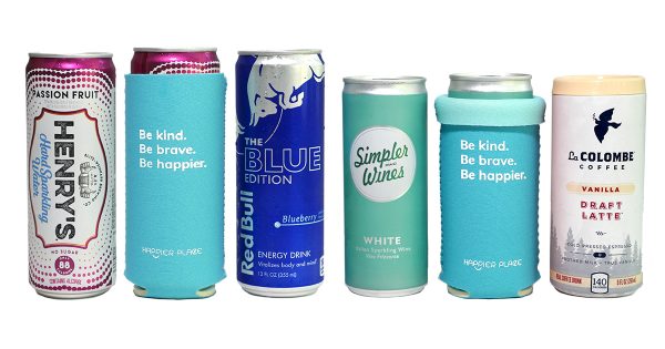The Happier Place Be Kind Be Brave Be Happier Slim Can Cooler fits 12 oz. and 9 oz. cans. It keeps your slim beverages cool and inspires to be kind, be brave and be happier.