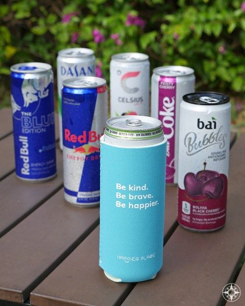 The Happier Slim Can Coolie fits the 12 oz. slim cans that have become super popular for sodas, sparkling waters, fitness and energy drinks.