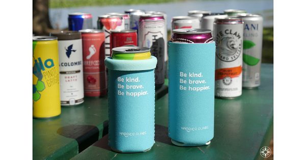 Happier Place Neoprene Slim Can Cooler with hard seltzer wine coffee drinks - Be kind Be brave Be happier - HappierPlace
