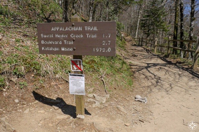 Appalachian Trail sign to Katahdin Maine at Newfound Gap Smoky Mountains Park