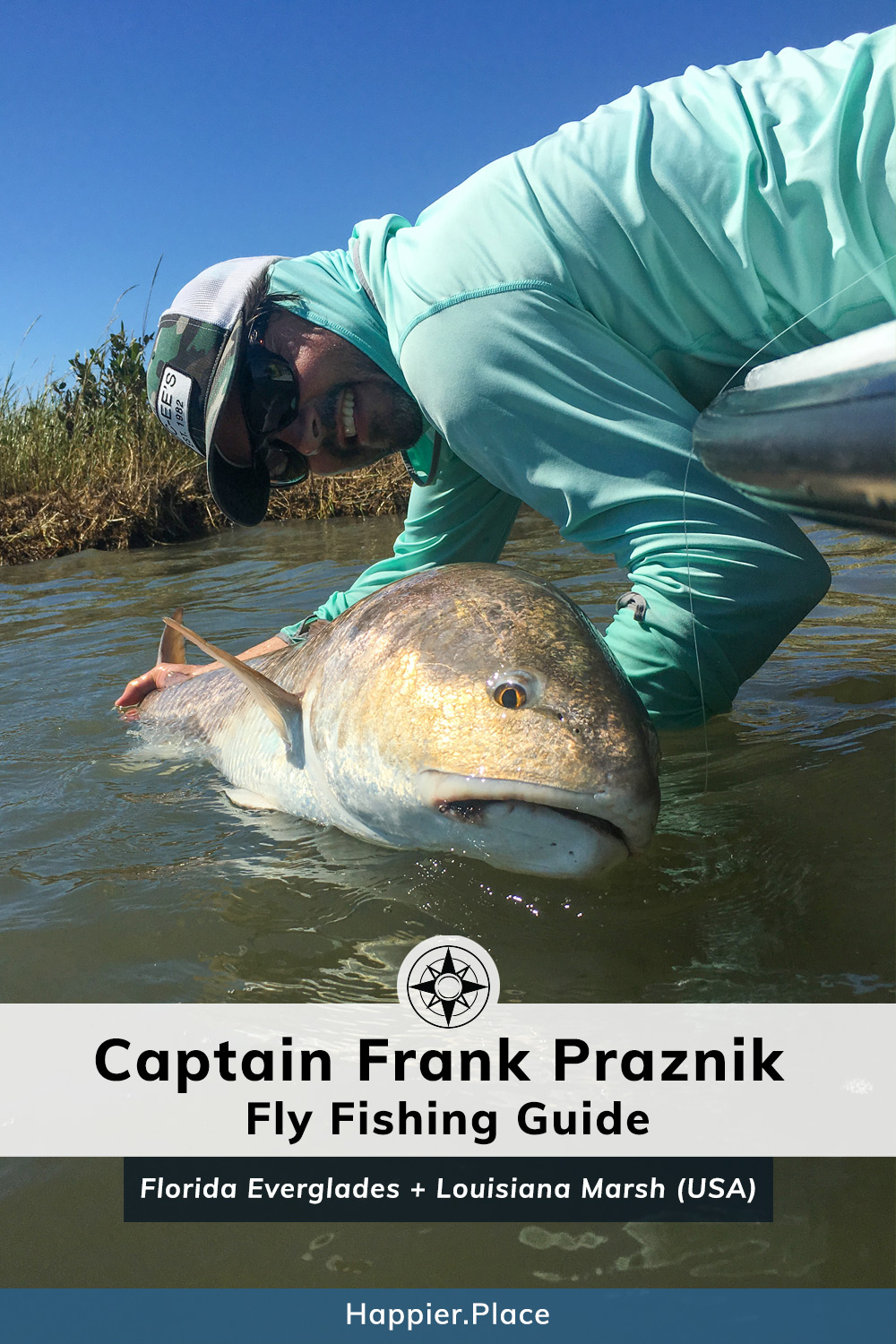 Captain Frank Praznik, Fly Fishing Guide in Louisiana Marsh and Florida Everglades. Seen here with a Red Fish.