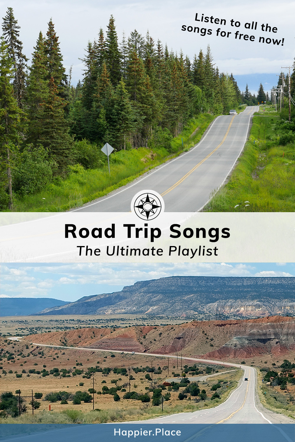 Road Trips Songs Playlist and views of highway in Alaska and New Mexico