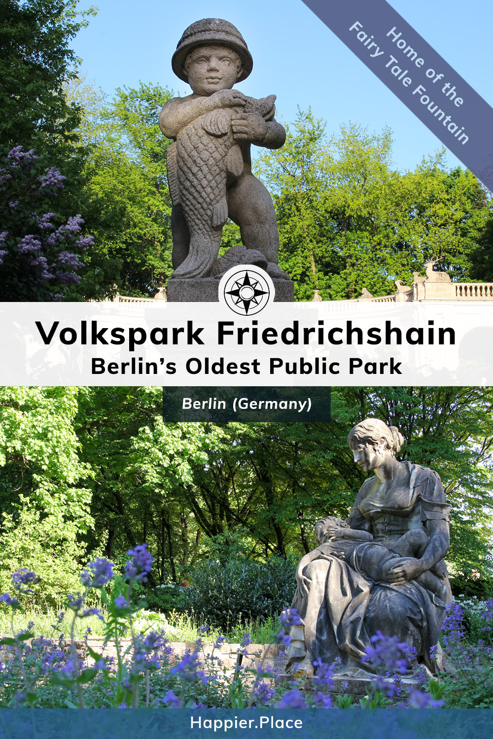 Berlins Oldest Park, Volkspark Friedrichshain, statues, purple flowers, Maerchenbrunnen