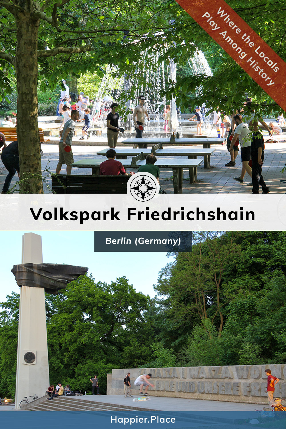 Volkspark Friedrichshain, Berlin, Germany - where locals play among history - ping pong, table tennis, skateboard, polish anti-fascist german memorial