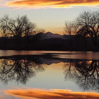 Rocky Mountains, Longs Peak, bare trees, pond reflection, Ft. Collins, postcard, winter