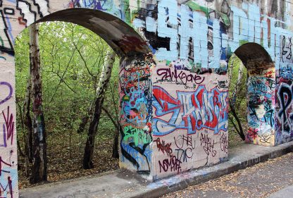 Forest behind wall of graffiti, Suedgelaende, Berlin, street art, postcard