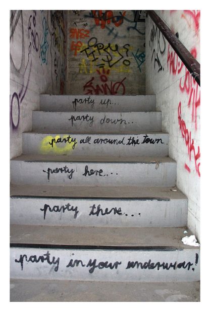 party in your underwear, Teufelsberg, graffiti, street art, stairs, Berlin, postcard