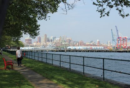Governors Island, path, bench, walking, views of Brooklyn, harbor, nyc, new york, postcard