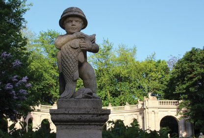 boy holding fish, statue, Maerchenbrunnen, fairy tale fountain, Berlin, Germany, postcard