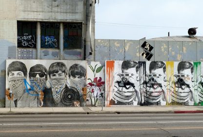 Bandana Beatles, boy with camera, Mr. Brainwash or Banksy, LA, Los Angeles, street art, postcard