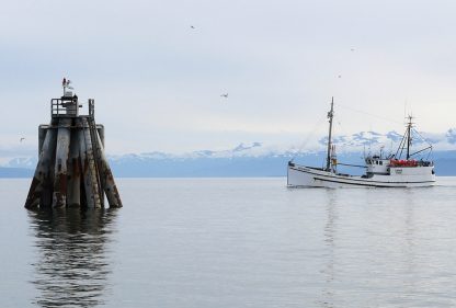 Boat approaching harbor, Homer, Alaska