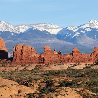 Arches National Park rock formations, La Sal Mountains, Utah, postcard