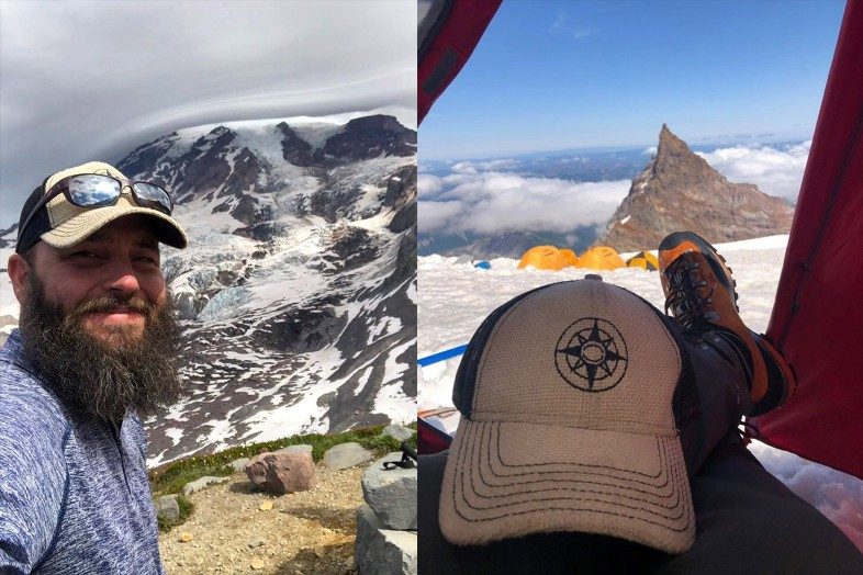 Happier Ambassador Jake climbing Mt. Rainier with a Happier Place hat