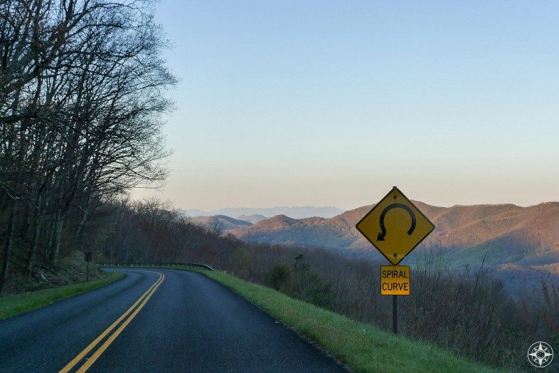 Spiral curve, golden hour, mountains, scenic byway, North Carolina