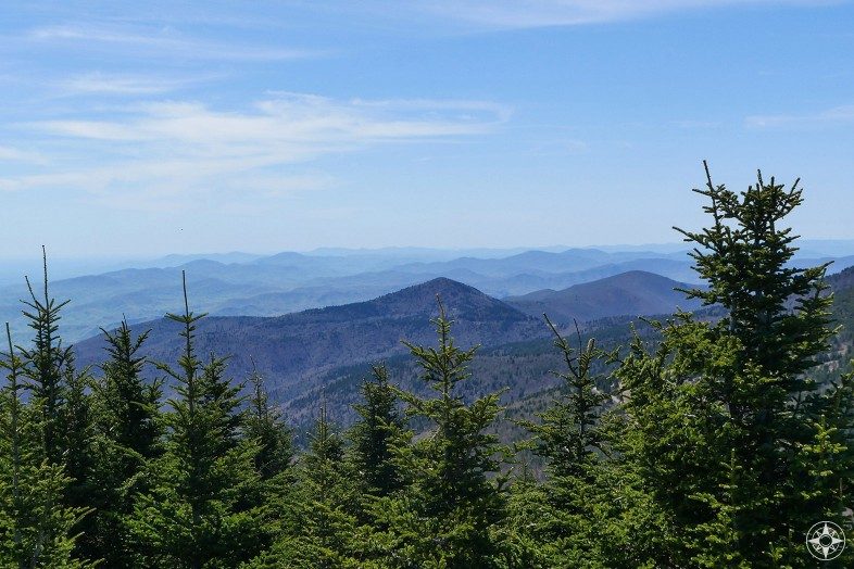Green trees, blue ridge mountains, distance view, blue sky